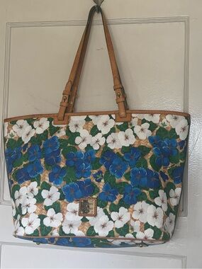 Dooney & Bourke Blue, White and Green Floral Leather-Trim Tote - used twice
